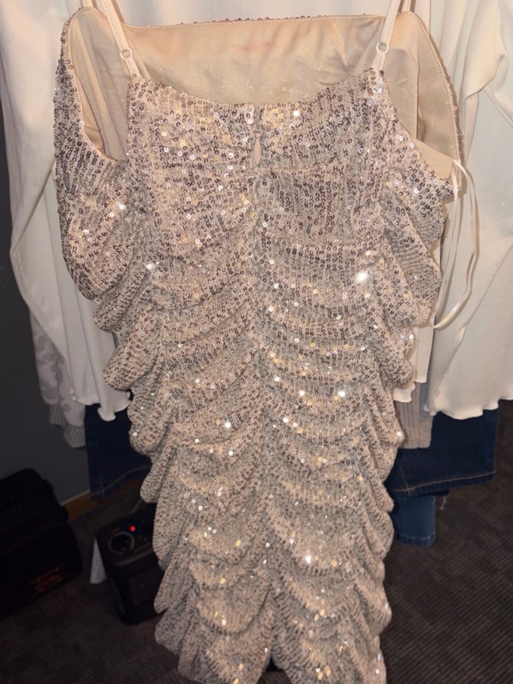 Elegant Sequined Champagne Prom Dress with Ruffle Tiers